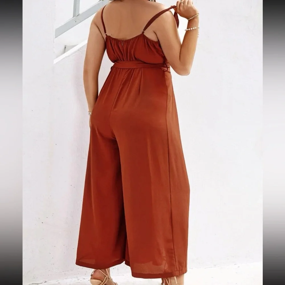 Plus Size Slit Cami Belted Jumpsuit Burnt Orange - Picture 2 of 9